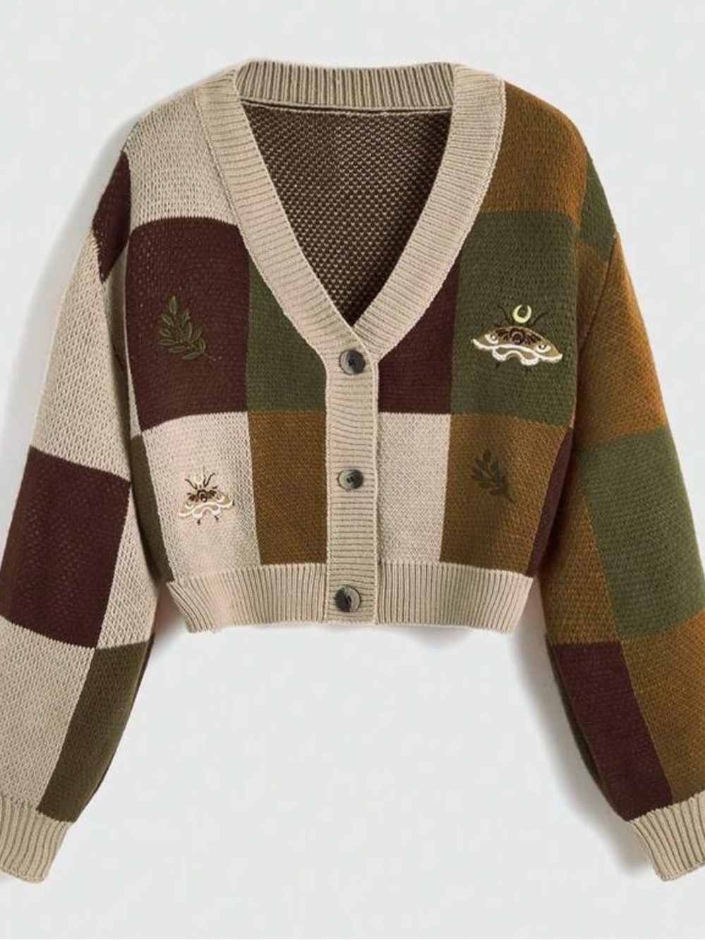 Romwe V-Neck Checked Cropped butterfly Cardigan color block embroidered S